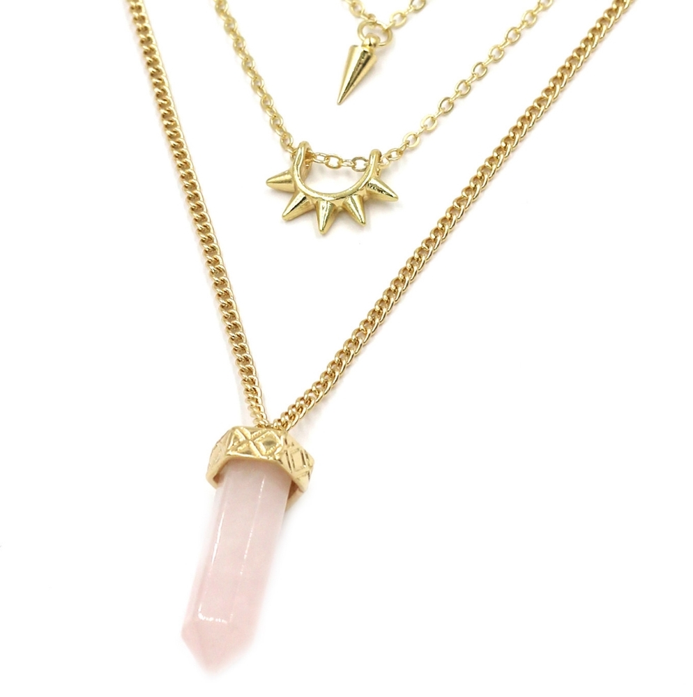 Pink fashion crystal three levels gold necklace